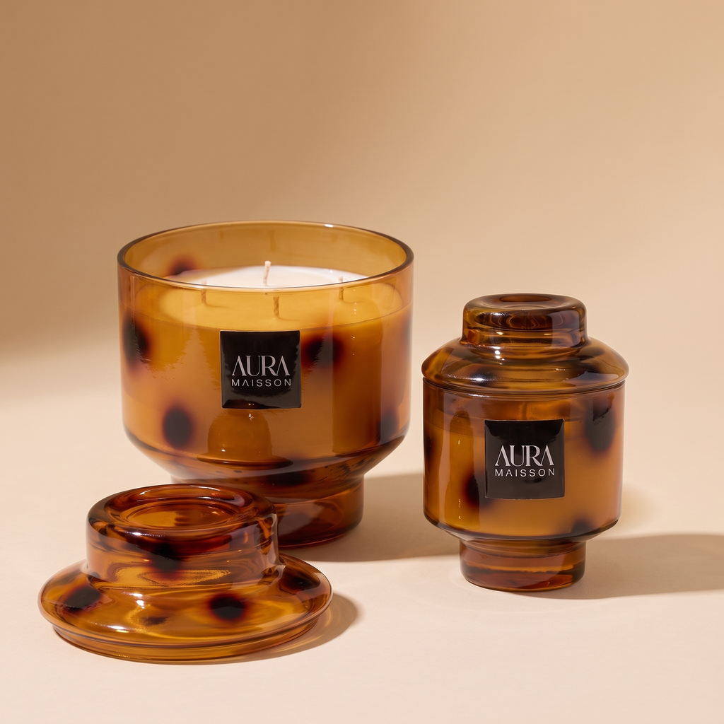 Aura cam Kapaklı Dekoratif Kokulu Mum - Lüks Ev Aksesuarı Amber